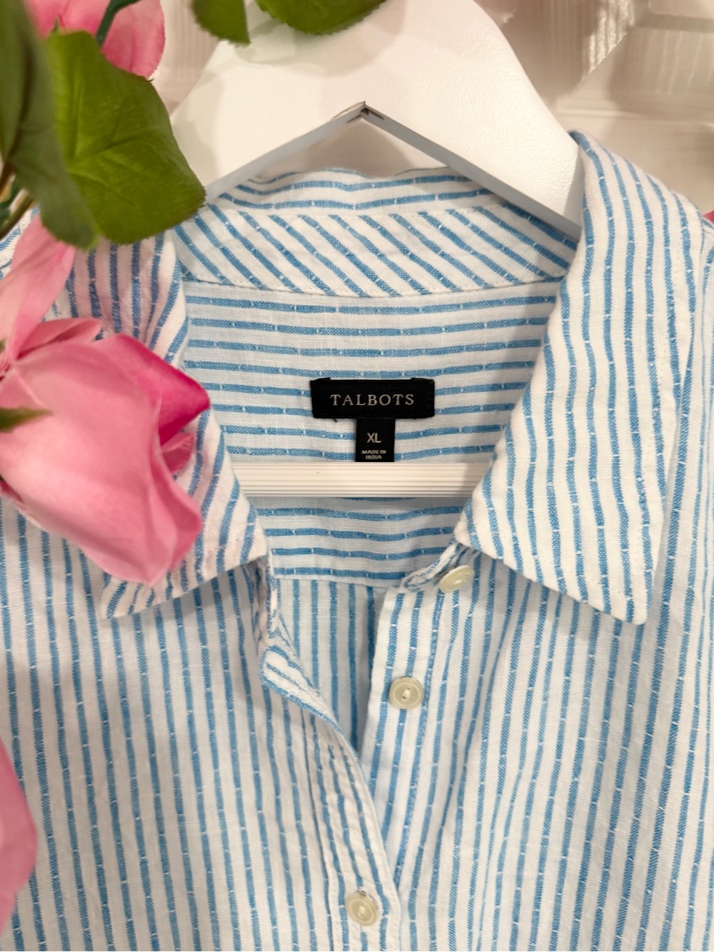 Talbots 100% Linen Blue Stripe Button Shirt Coastal Grandma Quiet Luxury XL - Picture 3 of 7